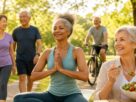 Grupo de pessoas de diversas idades sorrindo e praticando hábitos saudáveis como yoga, caminhada e alimentação equilibrada em um parque ensolarado.