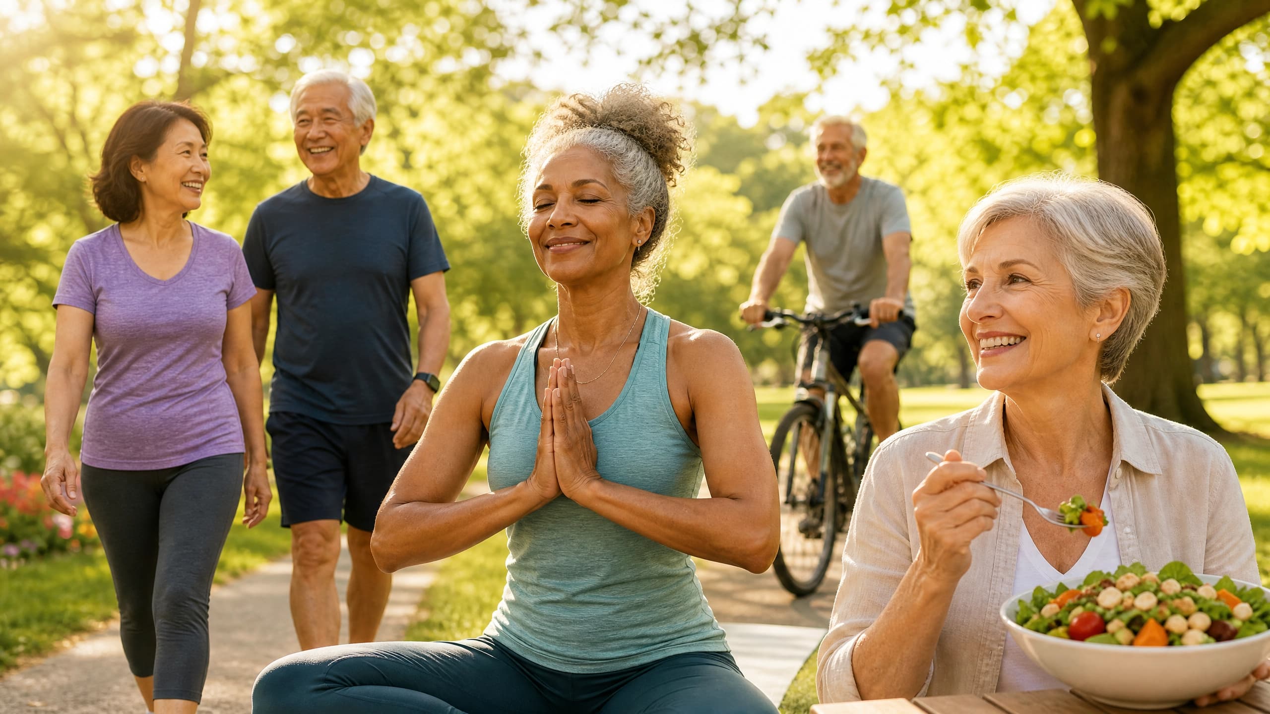 Grupo de pessoas de diversas idades sorrindo e praticando hábitos saudáveis como yoga, caminhada e alimentação equilibrada em um parque ensolarado.