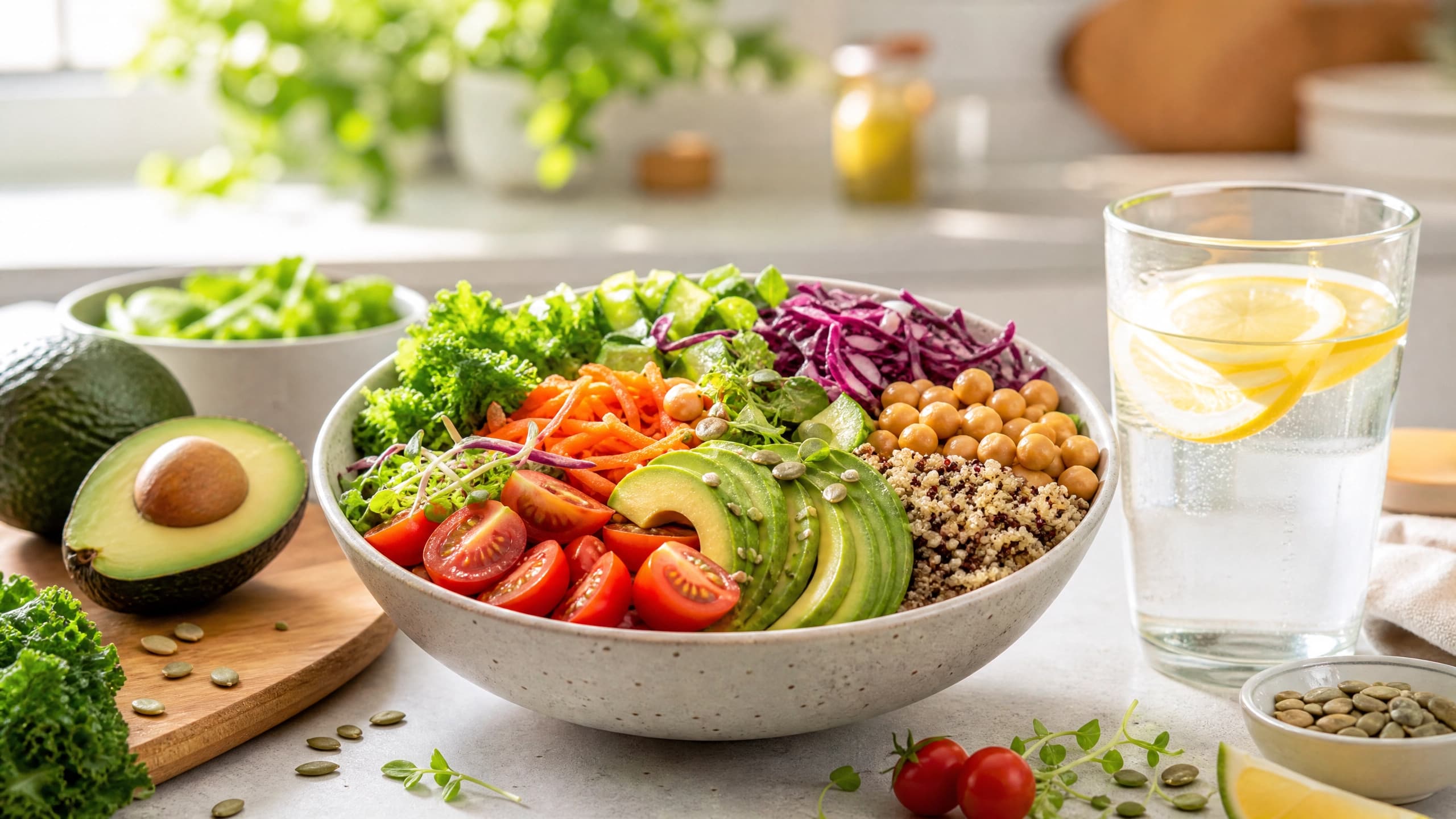 Bowl de salada colorida com abacate, grão-de-bico e vegetais frescos - Guia de Alimentação Saudável Bem Viver Online".