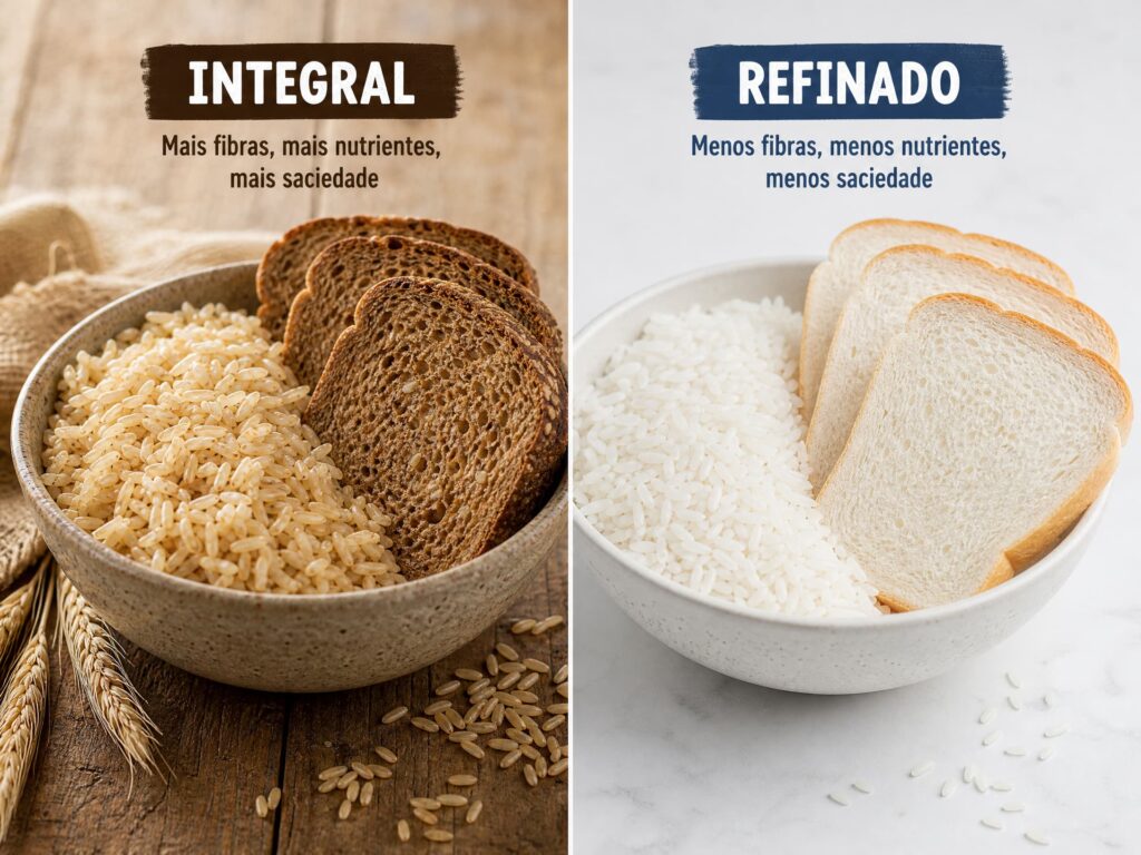 Comparação visual entre pão e arroz integrais (lado esquerdo) e brancos/refinados (lado direito).