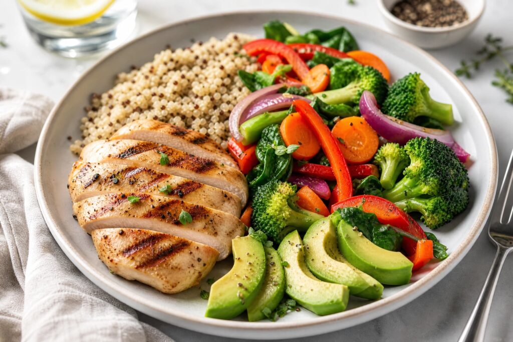 Prato equilibrado com frango grelhado, quinoa, brócolis, pimentão e abacate.