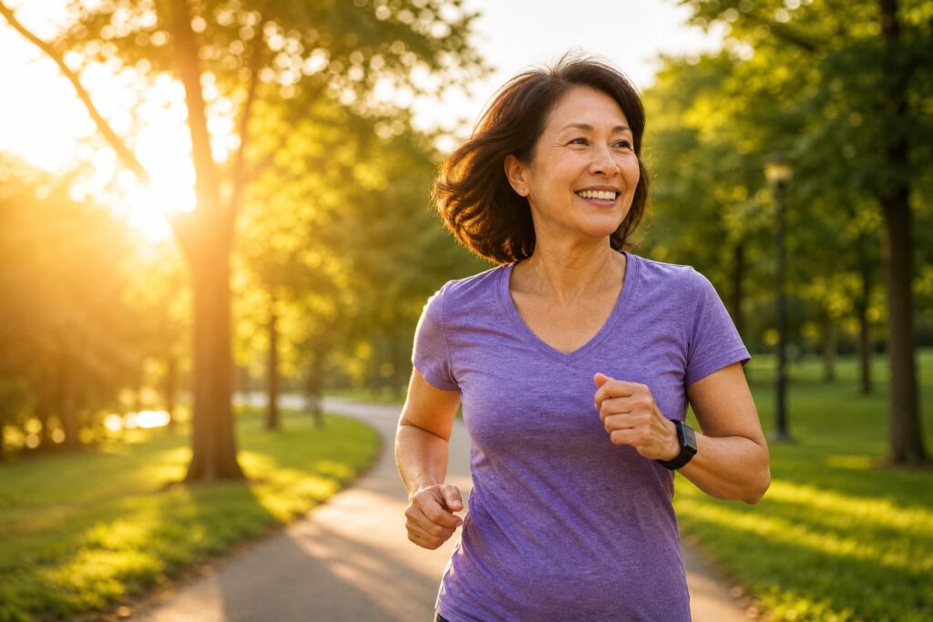Mulher sorrindo enquanto corre em um parque durante o nascer do sol.
