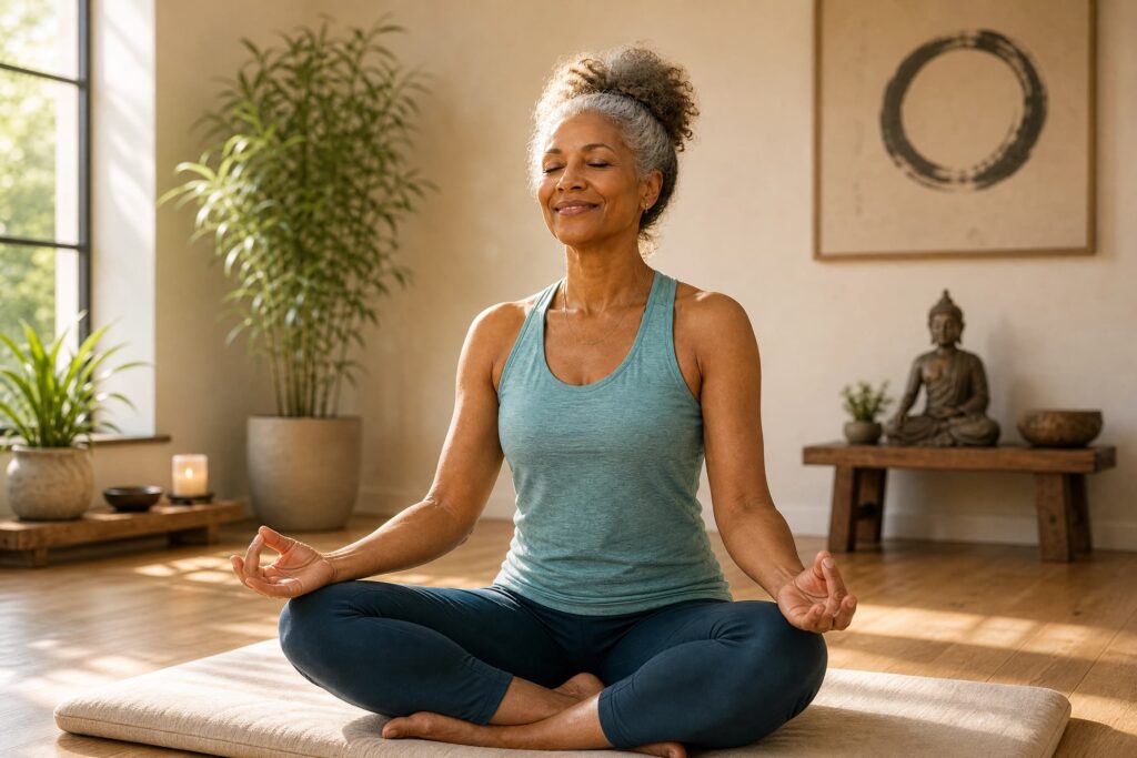 Mulher meditando em uma sala tranquila com iluminação natural.