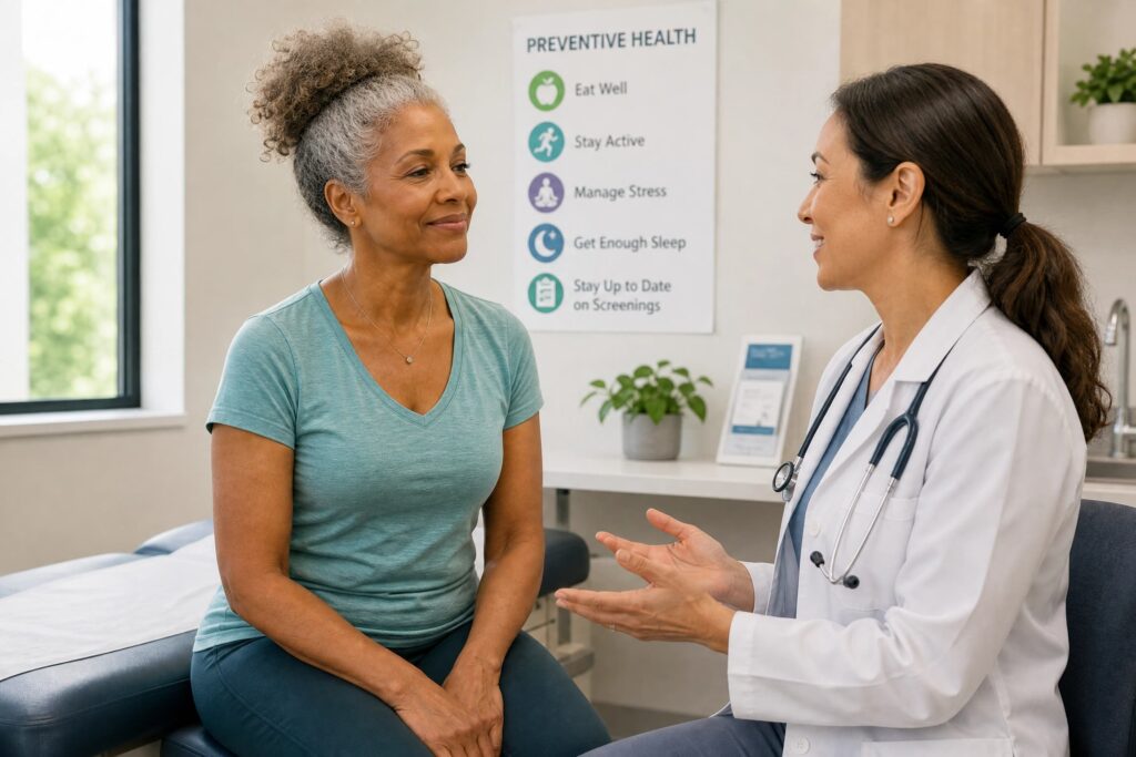  Médica conversando de forma acolhedora com uma paciente durante consulta.