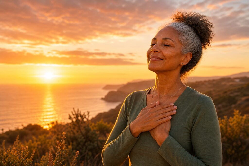 Mulher com as mãos no coração sorrindo diante de um pôr do sol deslumbrante.